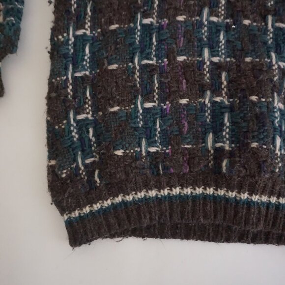 Vintage Wool Brown Teal Textured Grid Knit Sweater Cabincore Retro 80s/90s L - Picture 6 of 10